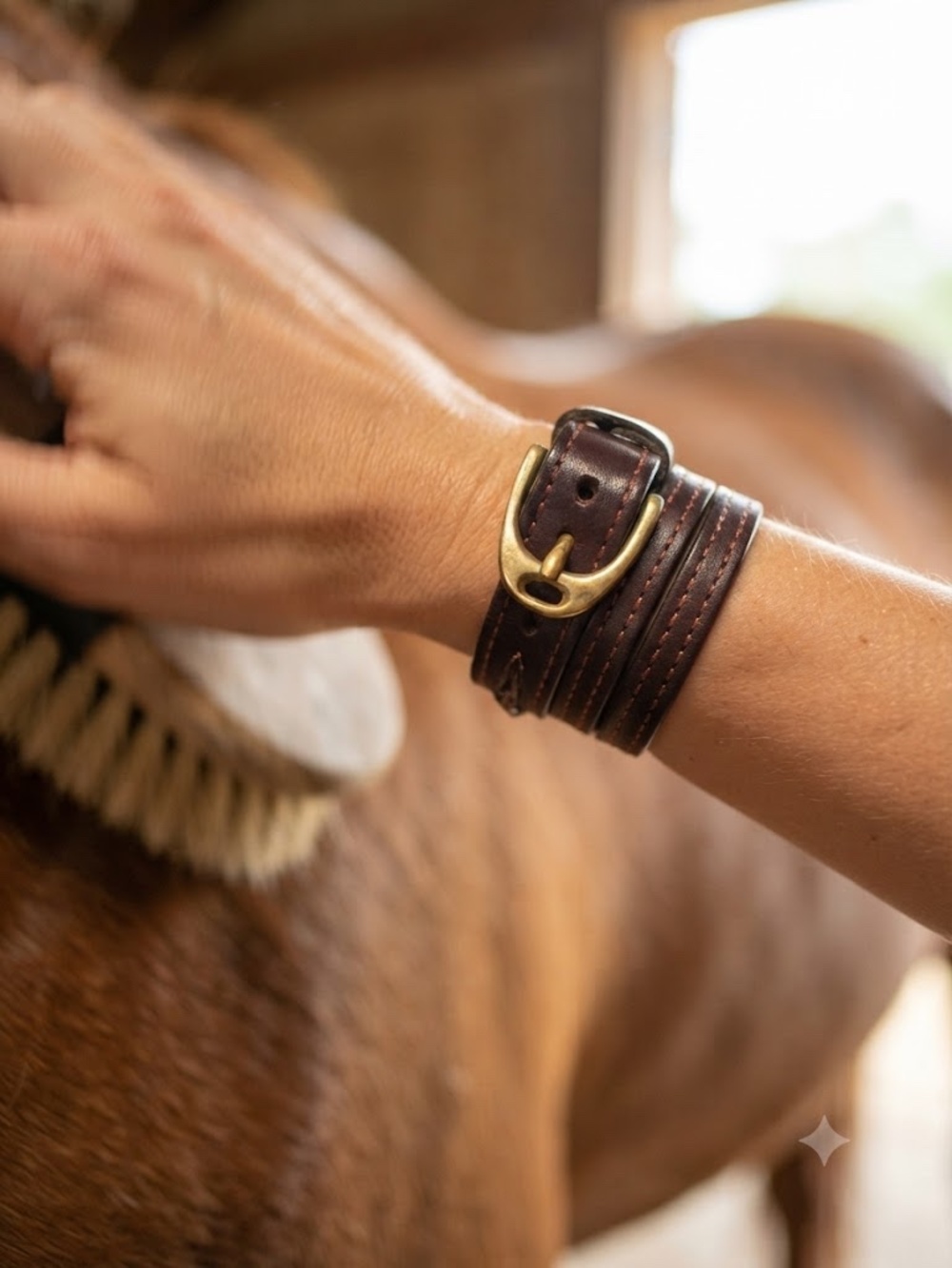 Leather Wrap Bracelet with English Stirrup Buckle - Brown